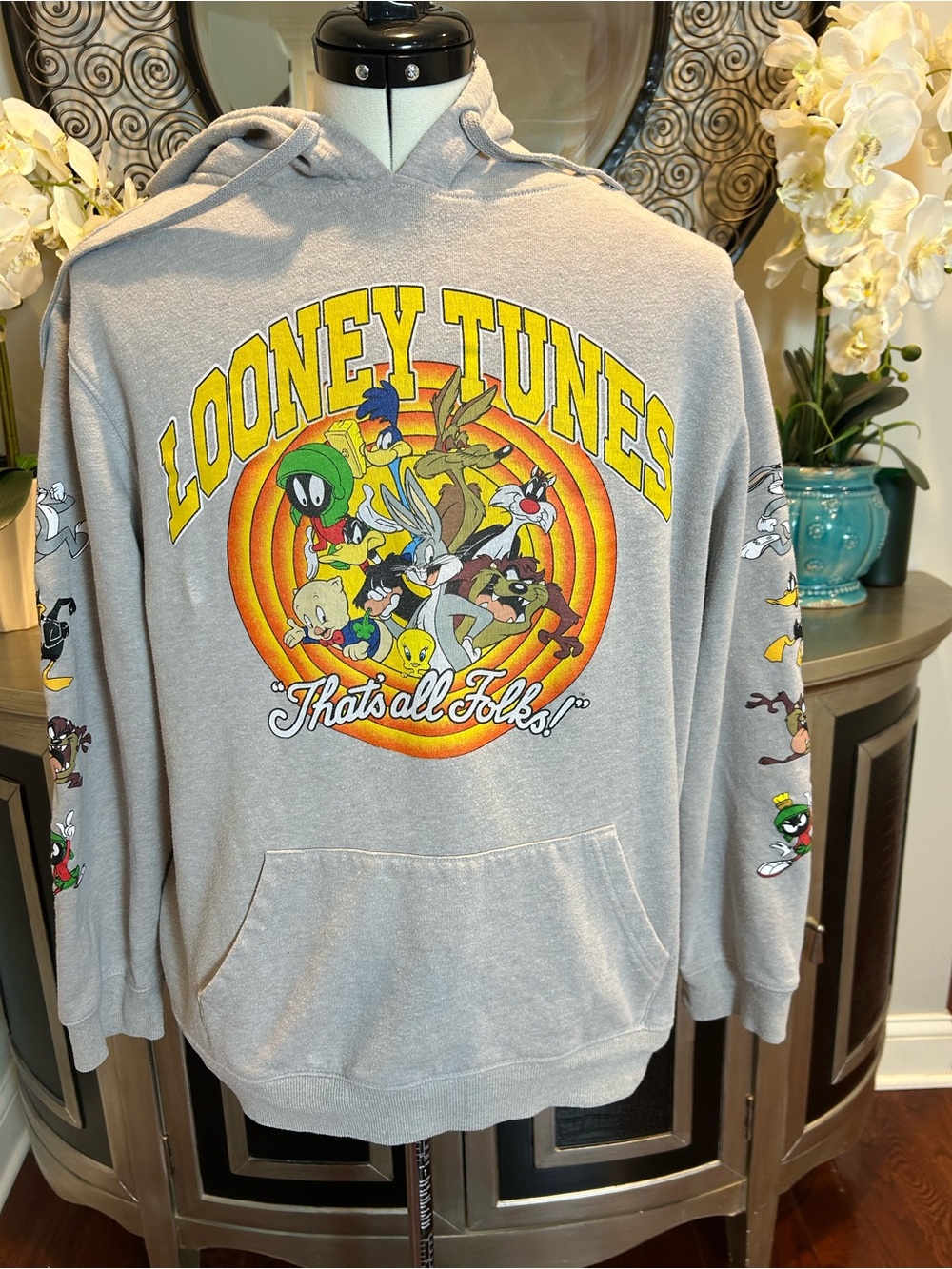 Warner Bros. Looney Tunes Gray Zip-Up Hoodie with Full-Color Character Graphic
